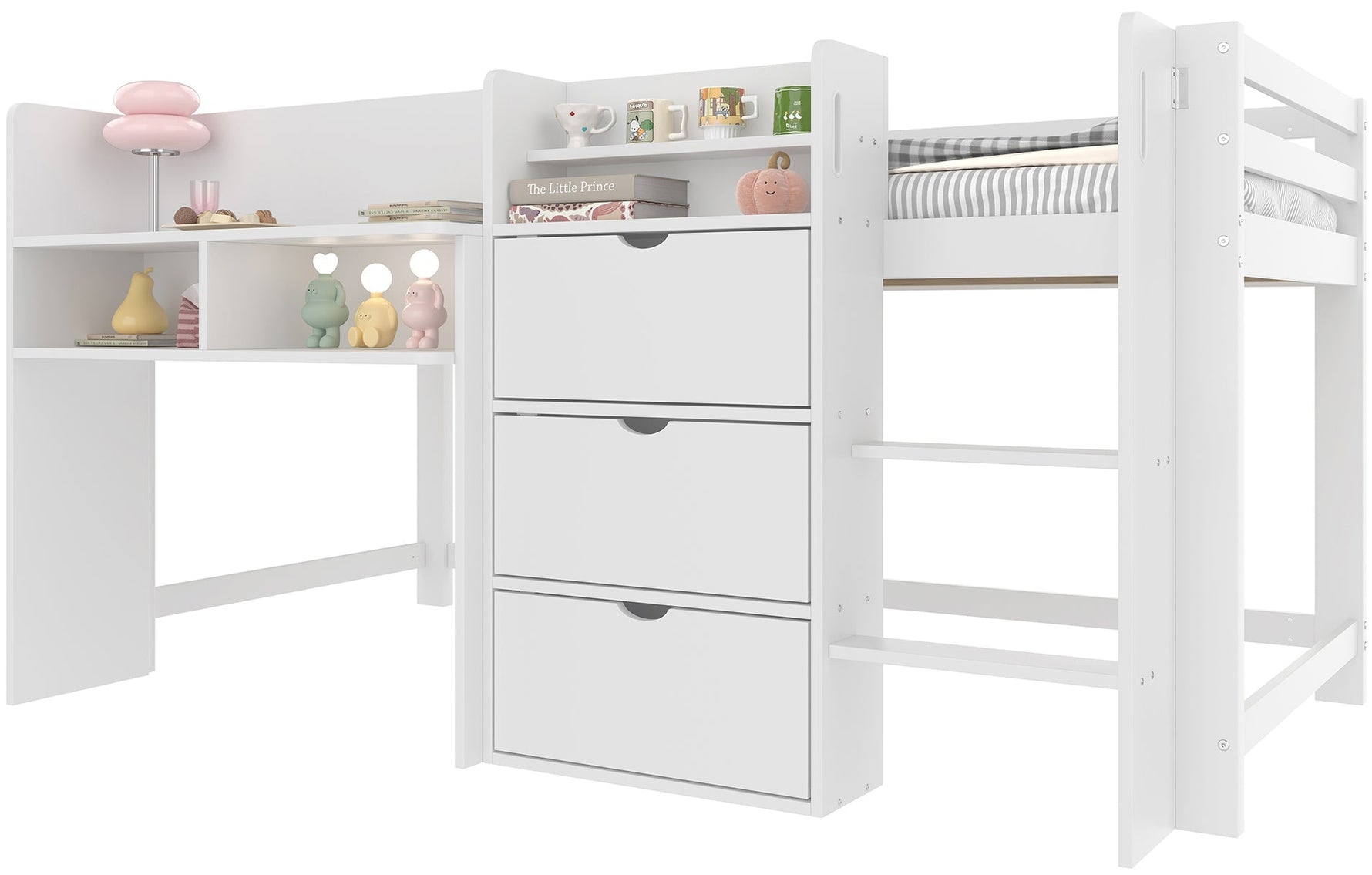 Mid-height Bed 90x200cm House Shape Storage Entertainment Area, White