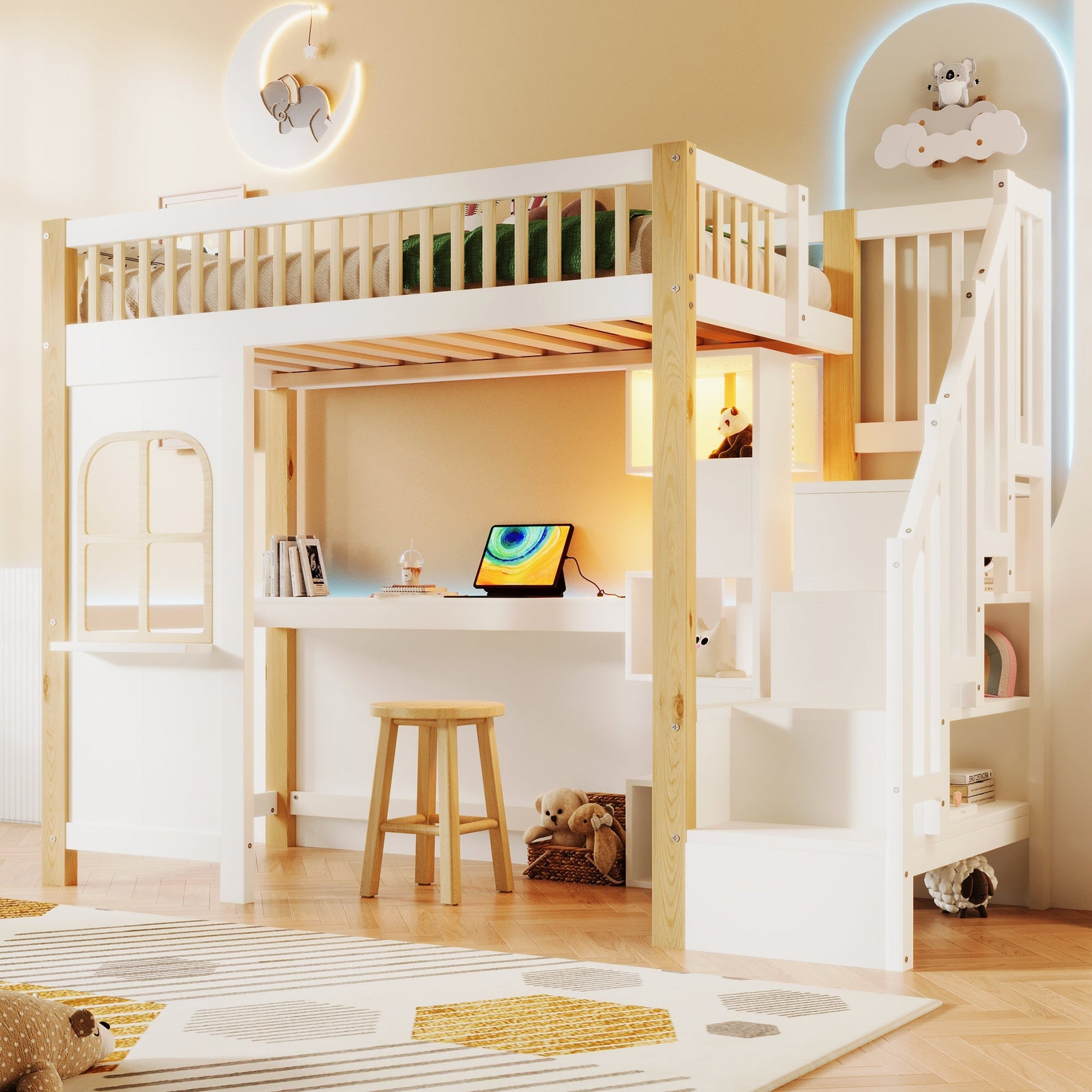 Loft Bed 90x200cm LED Window Design Desk Storage Ladder Power Outlet - White/Natural