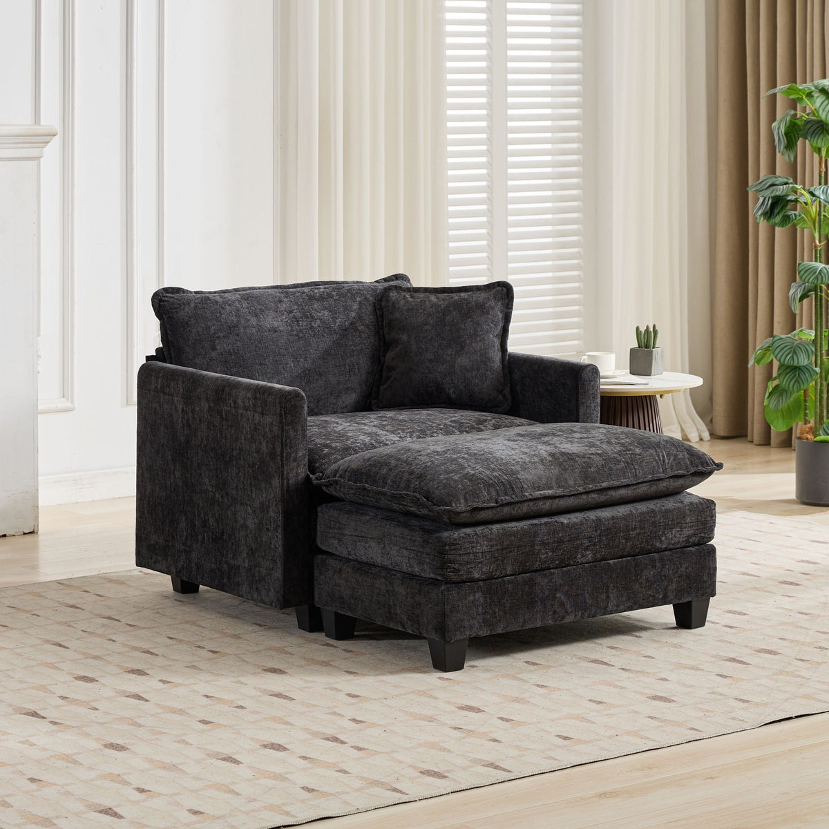 Cloud Sofa Ottoman - Modern Sectional Double Layer Cushion - Black Chenille