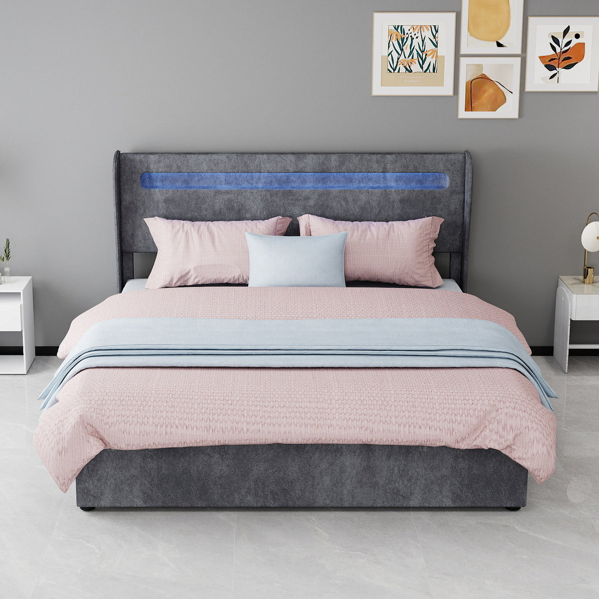 Upholstered Bed 160x200cm with LED Headboard & Storage, Grey