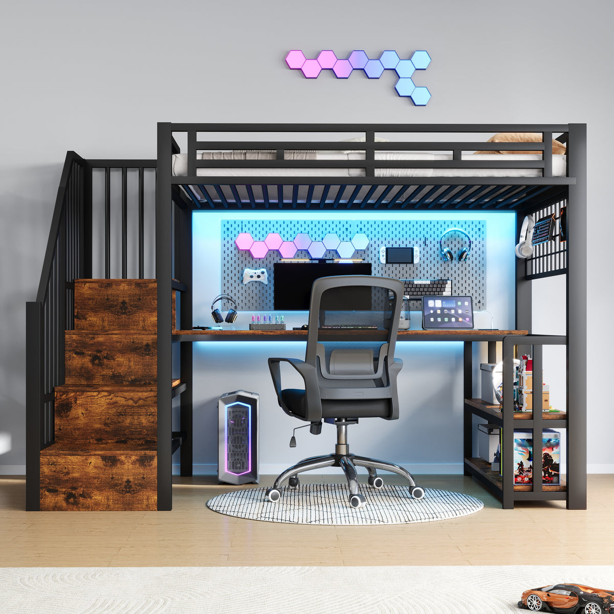 Loft Bed 90x200cm with Desk, LED & Storage, Black Metal