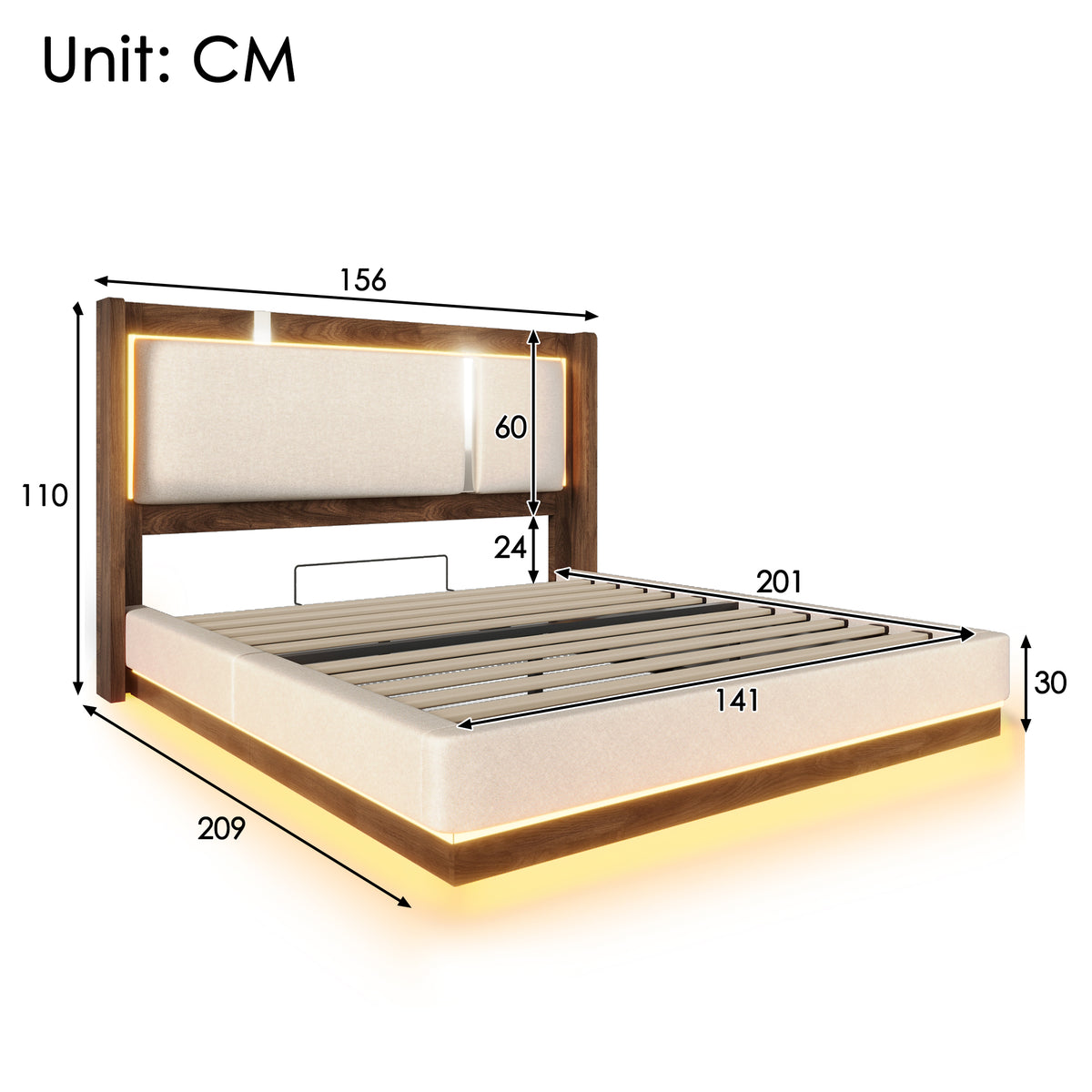Double Upholstered Bed 140x200 with LED & Storage, Beige Linen