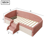 Upholstered Sofa Bed, 90x190cm Multifunctional with Steps and Railings, Velvet Fabric Pink + Cream White
