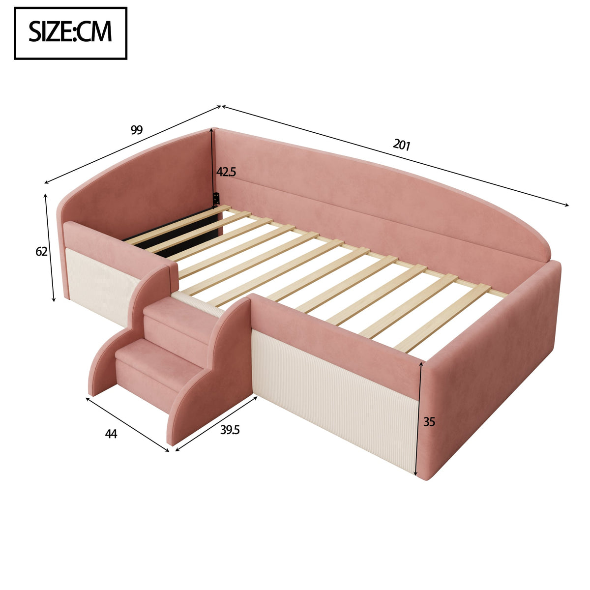 Upholstered Sofa Bed, 90x190cm Multifunctional with Steps and Railings, Velvet Fabric Pink + Cream White