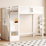 Solid Wood Loft Bed 90x200cm with Safety Door & Ladder, White