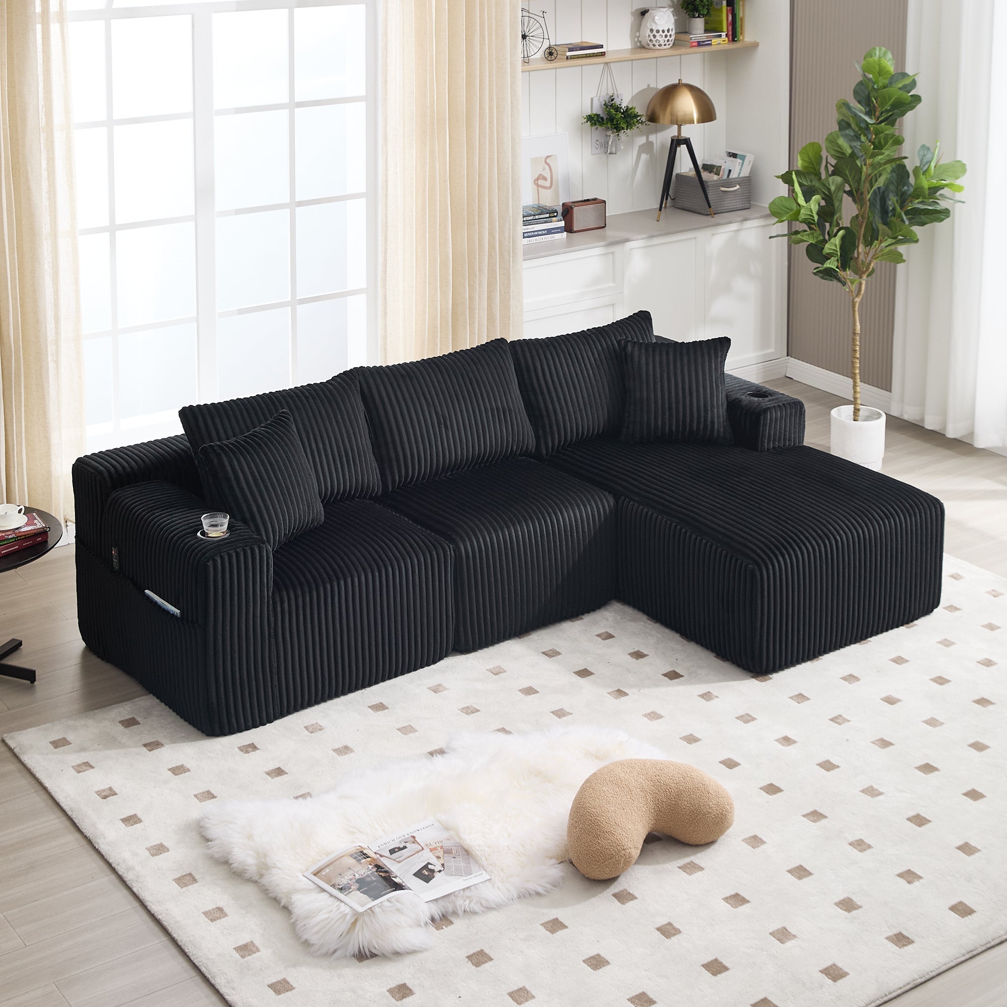 Modular Sofa Set Chaise Longue & 2-Seater with Pockets, Corduroy Fabric