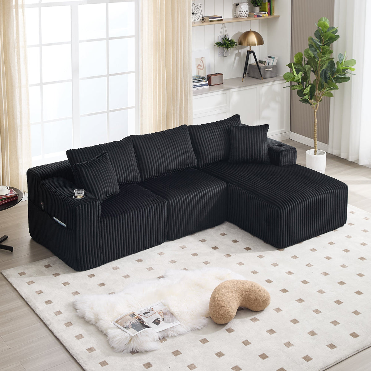 Modular Sofa Set Chaise Longue & 2-Seater with Pockets, Corduroy Fabric