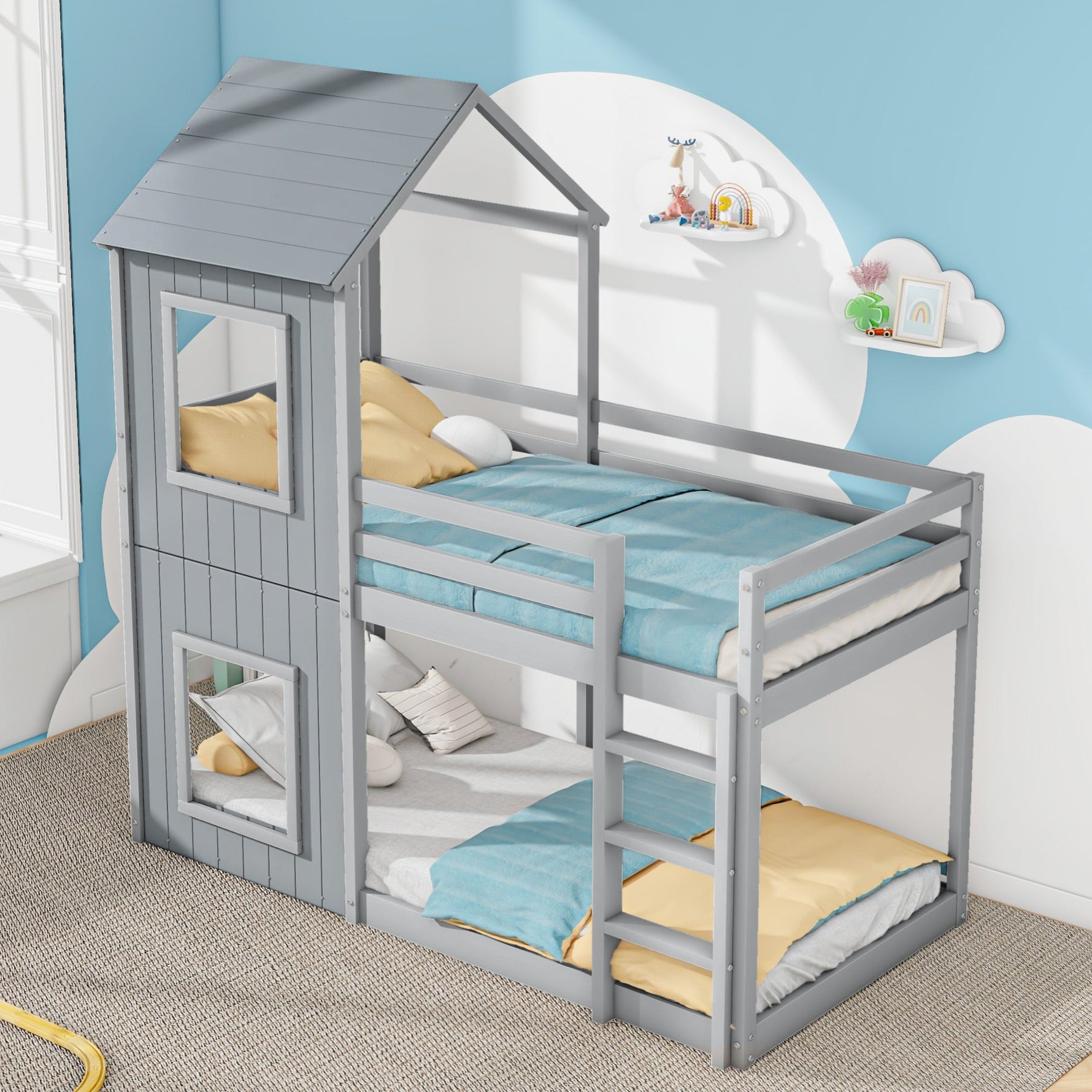 Bunk Bed 90x200cm House Bed with Ladder and Canopy Solid Wood Grey