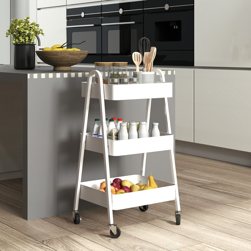 Serving Cart, 3 Levels with Wheels and Brake, White