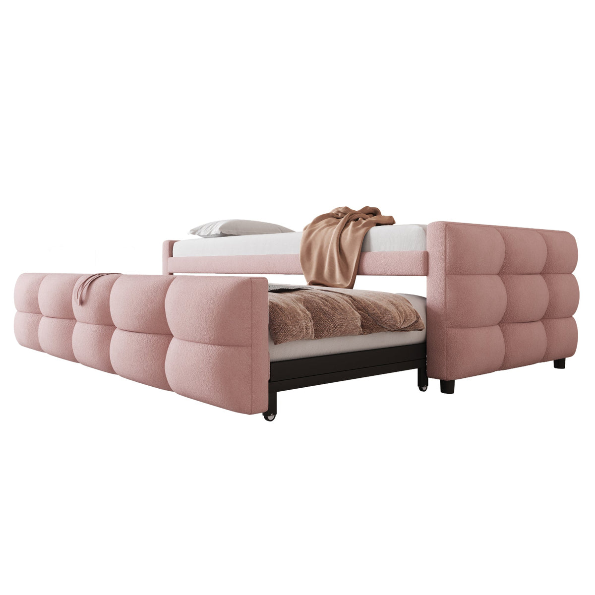 Upholstered Extendable Sofa Bed with Slatted Base, 90/180x190cm, Pink Teddy Velvet