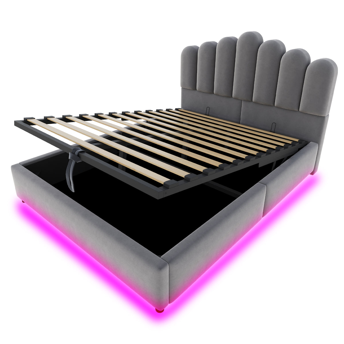 Upholstered Bed 140x200cm with Storage & LED Light - Grey Velvet
