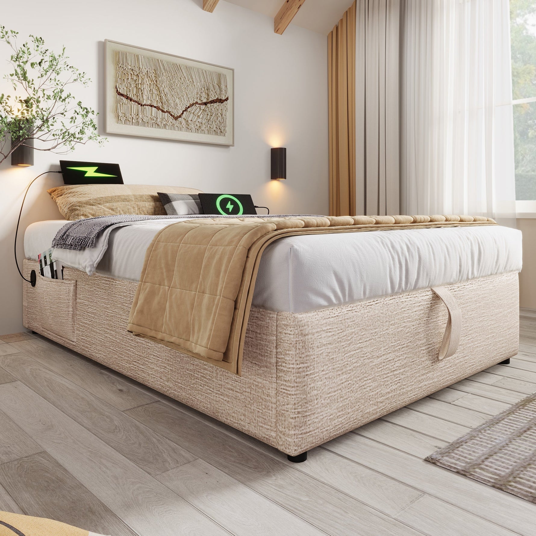 Children's Upholstered Bed, 90x190 cm with Bookcase, Hydraulic Storage & USB-C, Single, Linen