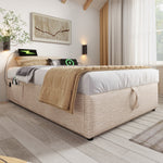 Upholstered Single Bed, 90x190 cm with USB-C and Slatted Frame, Natural Linen