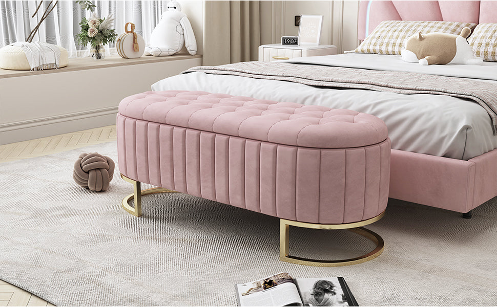 Storage Bench and Footstool with Storage Space, 120 x 40 cm, Pink Velvet Fabric