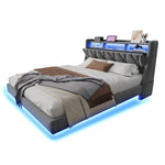 Upholstered Bed 180x200 cm, Fold-Down Headboard with Socket Storage & LED Lighting, Floating Design, Velvet Grey