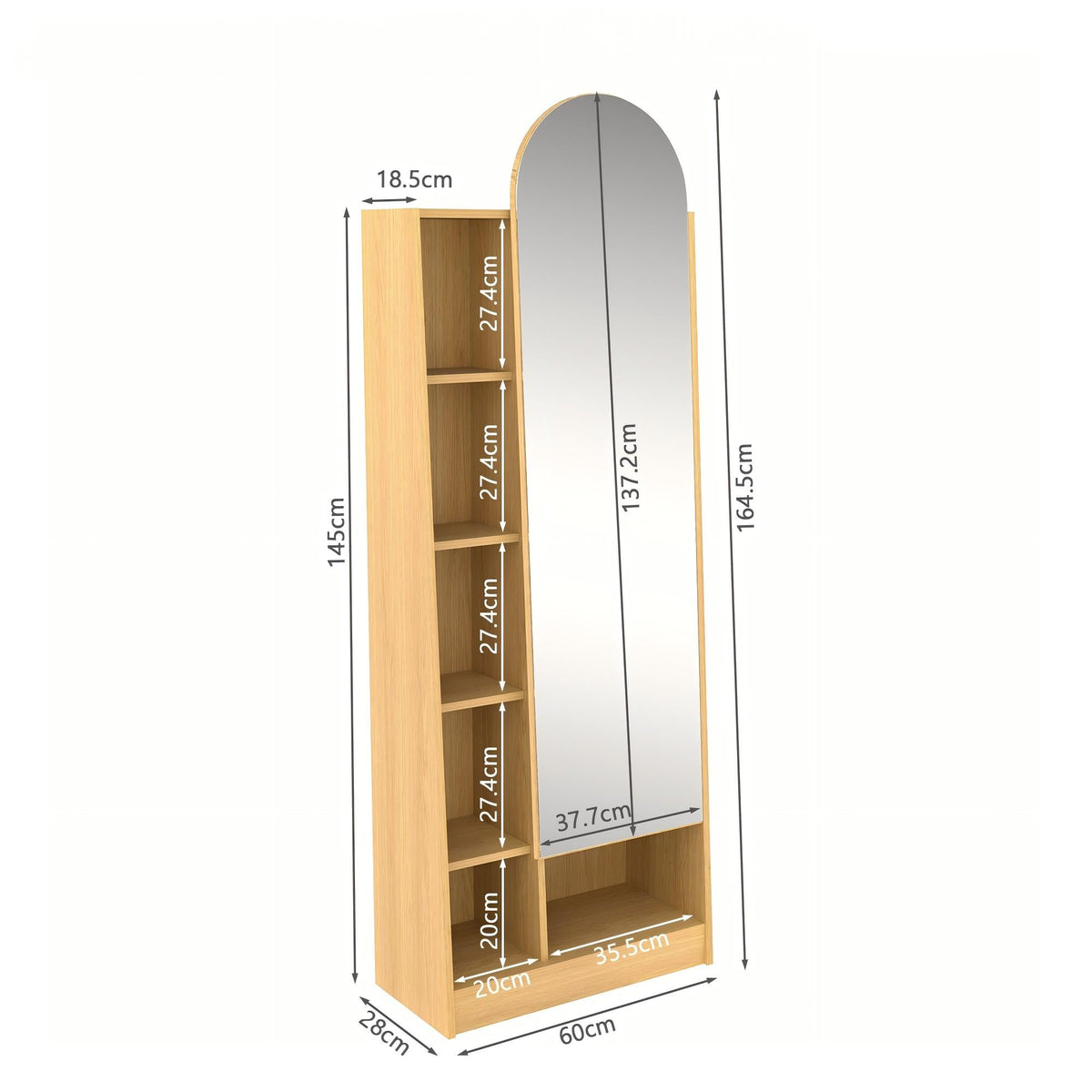 Tall Storage Cabinet Mirrored Door Adjustable Shelves 165x60x28cm - Natural Wood Look
