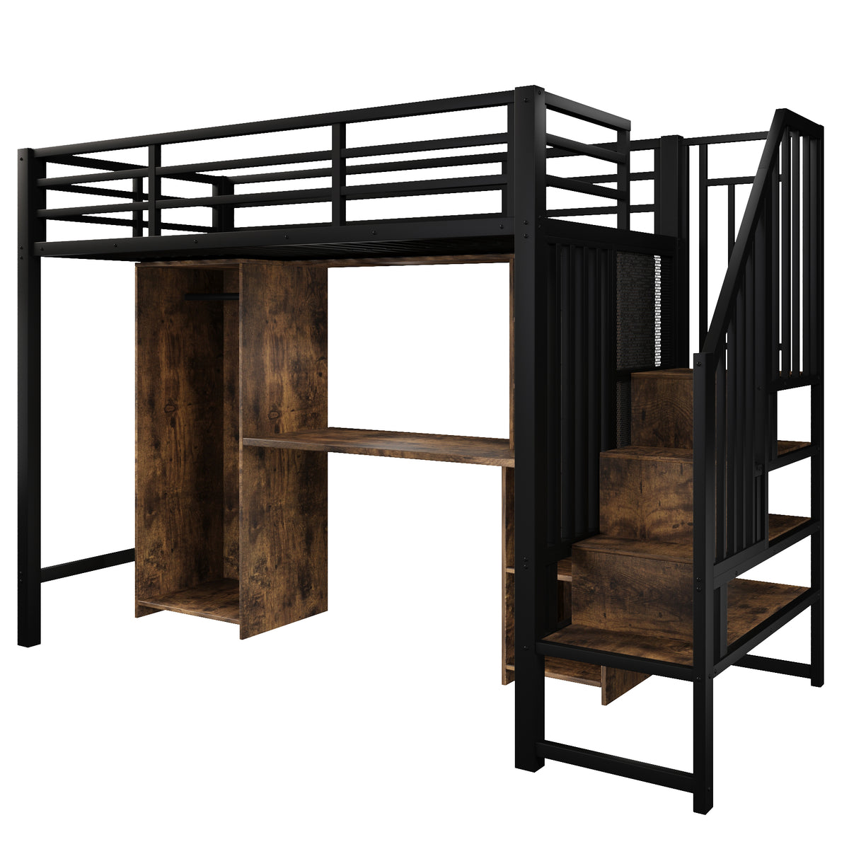 Loft Bed 90x200 cm with Wardrobe, Desk & Storage, Black Iron Frame
