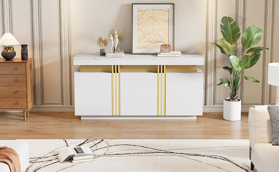 Sideboard Display, 3-Door Dining Room Cabinet with Adjustable Dividers, Modern White