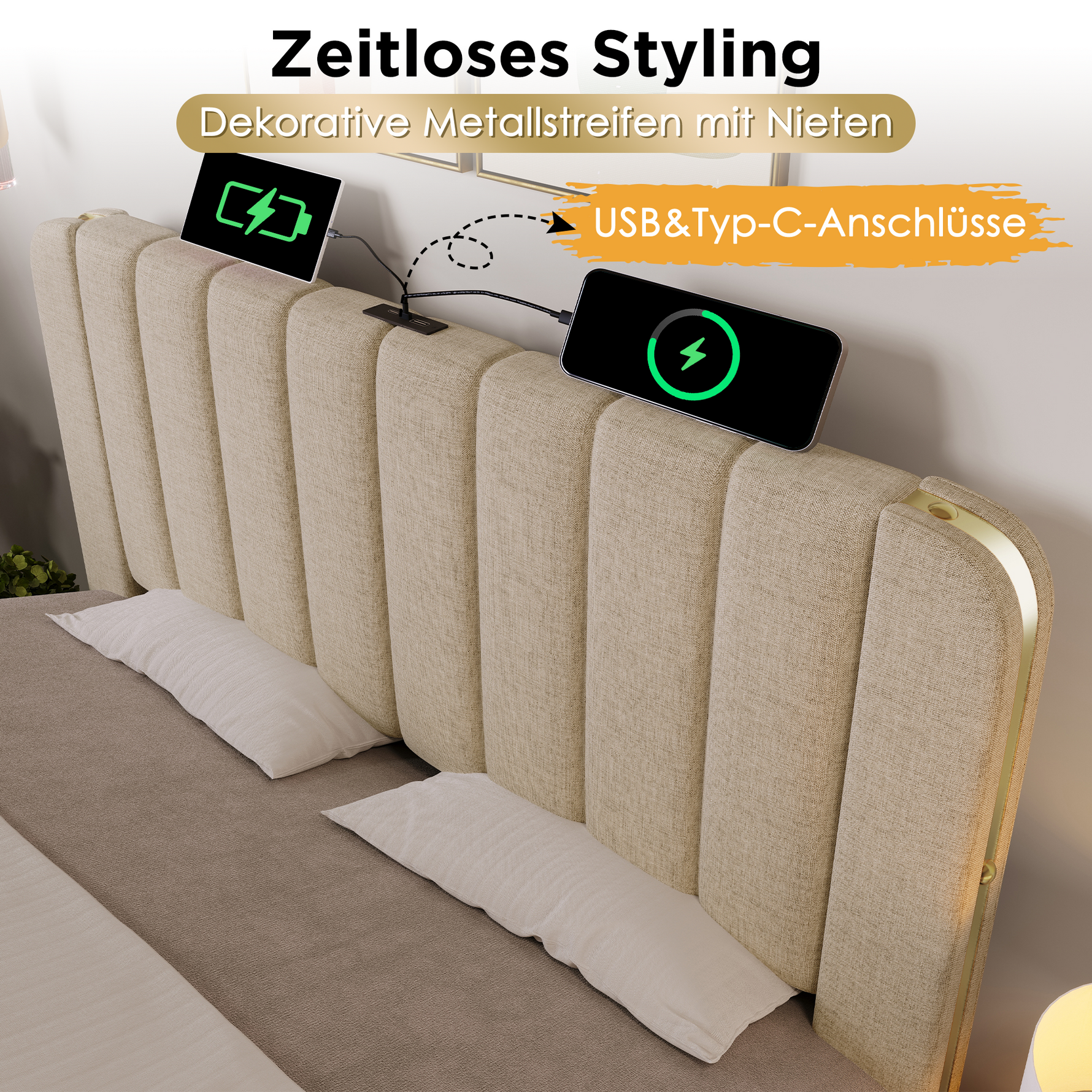 Upholstered Single Bed with USB-C Charging, 4 Drawers, Beige Linen