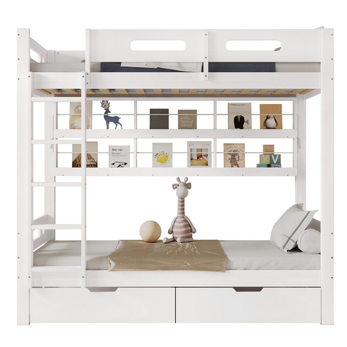 Bunk Bed 90x200 with Drawers & Storage Shelf, White Pine