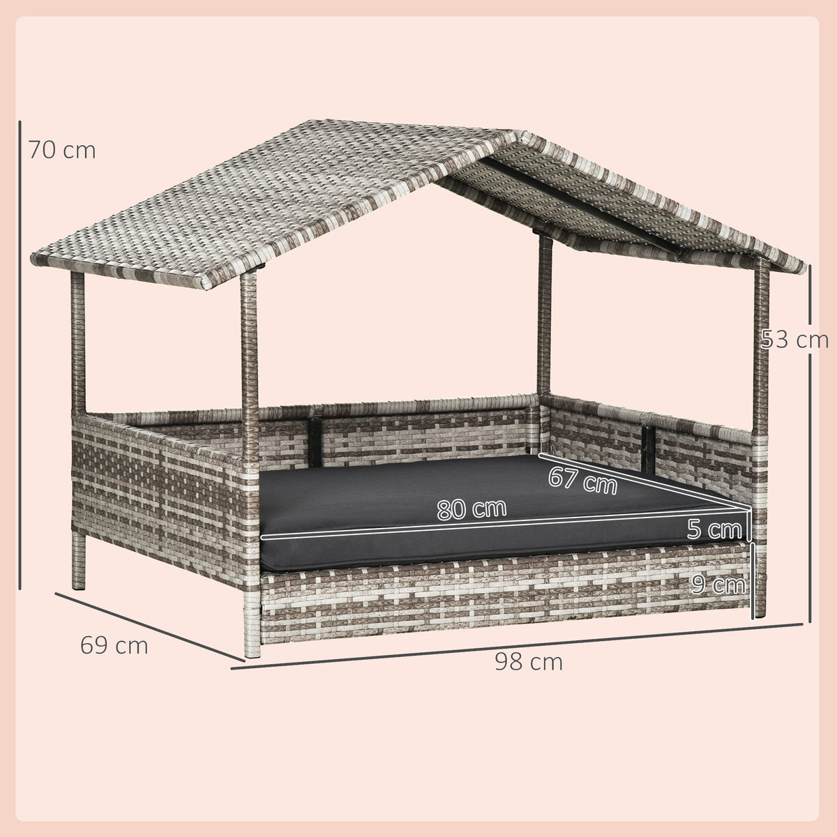 Rattan Dog House with Cushion, Outdoor Kennel, Grey Plastic