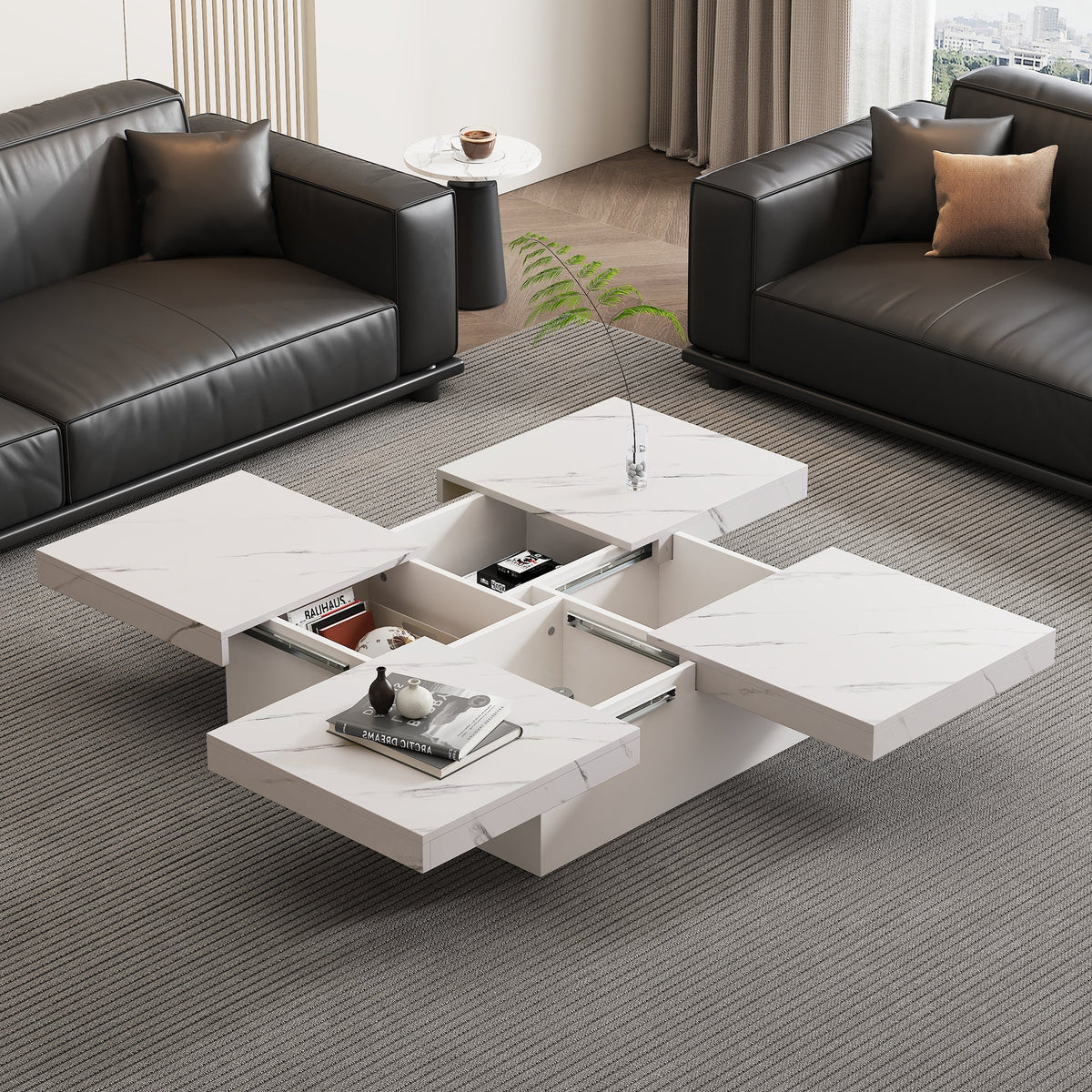 Modern white square coffee table, 90 x 90 x 25 cm with four drawers, sliding tabletop, 30 kg load capacity, marble look