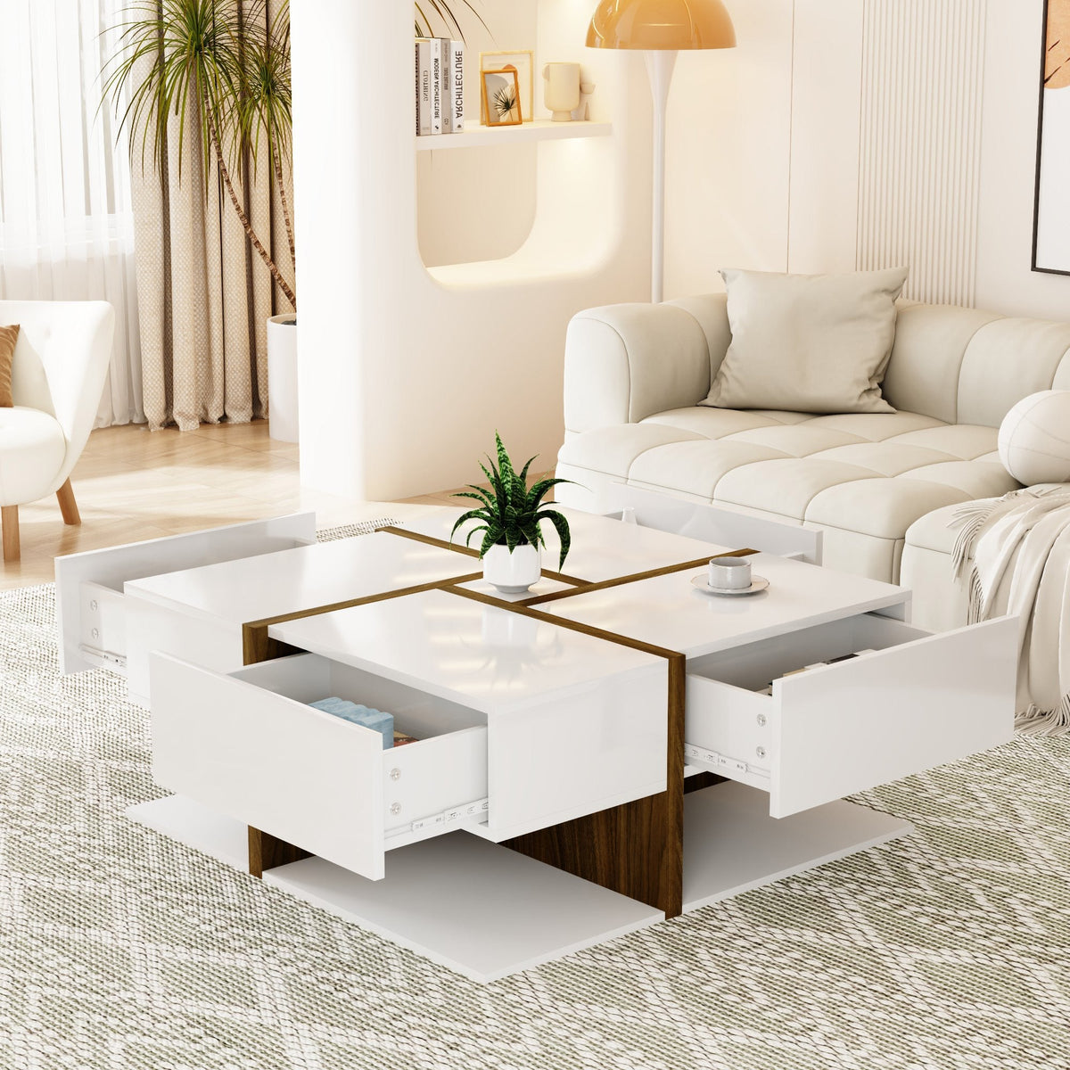 Coffee Table, 4-Drawer with Storage, High-Gloss