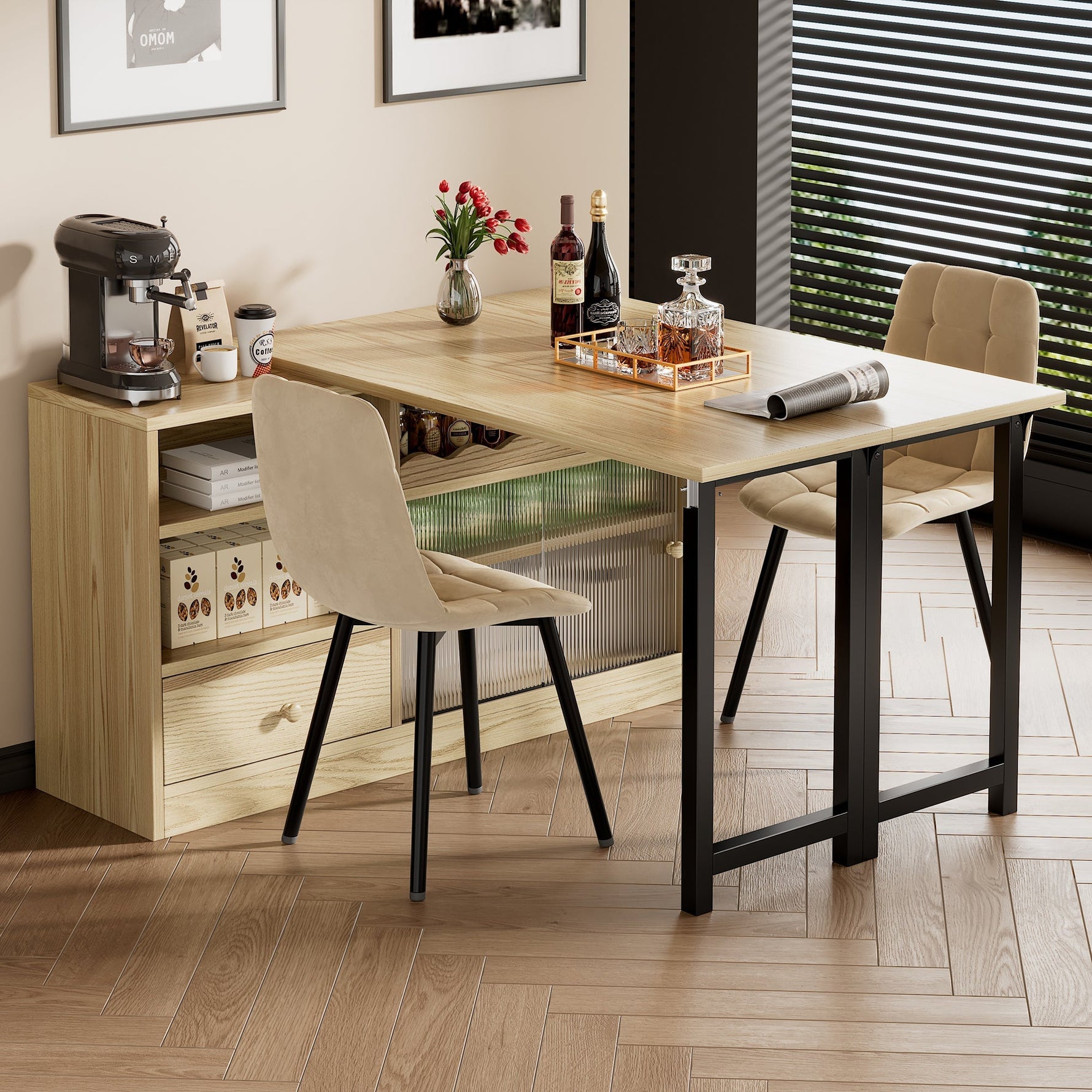 Extendable Folding Dining Table with Storage & 360° Rotation - Natural/Black