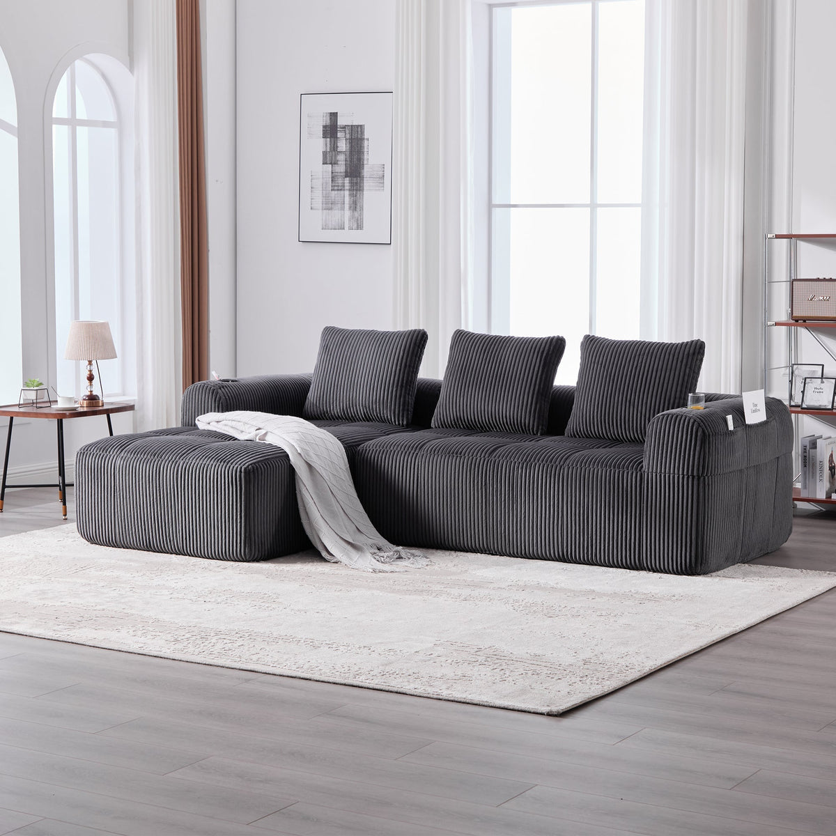 Compact Sofa Modular Side Pocket Cup Holder 3 Cushions - Corduroy Dark Gray