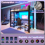 Loft Bed 90x200cm with LED Light & Desk - Black Metal