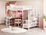 Metal Loft Bed 140 x 200 cm with Desk, Wardrobe, Storage Ladder and LED, White Metal Frame