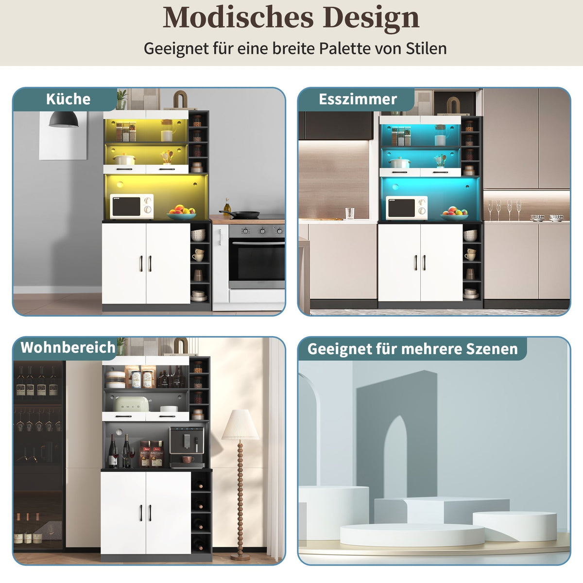 Kitchen Highboard Buffet 100x47x187cm LED Lighting Microwave Adjustable Shelves - Wooden
