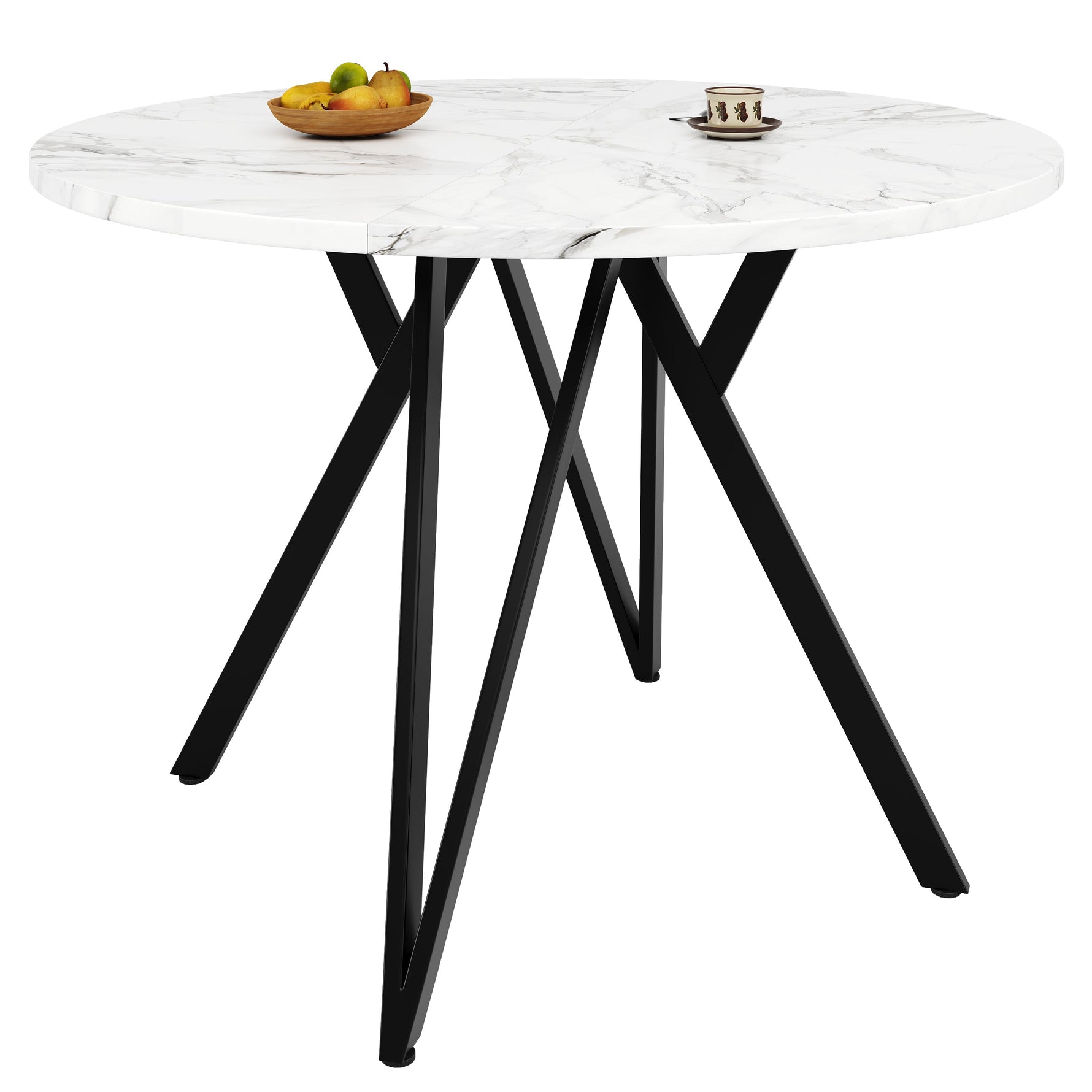 Round Dining Table 100x100cm 4-Seater Metal Legs MDF Marble Top - Black