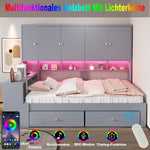 Multifunctional Bed 90x200cm with Desk, Storage & LED, Grey Wood