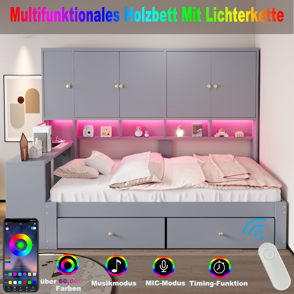 Multifunctional Bed 90x200cm with Desk, Storage & LED, Grey Wood