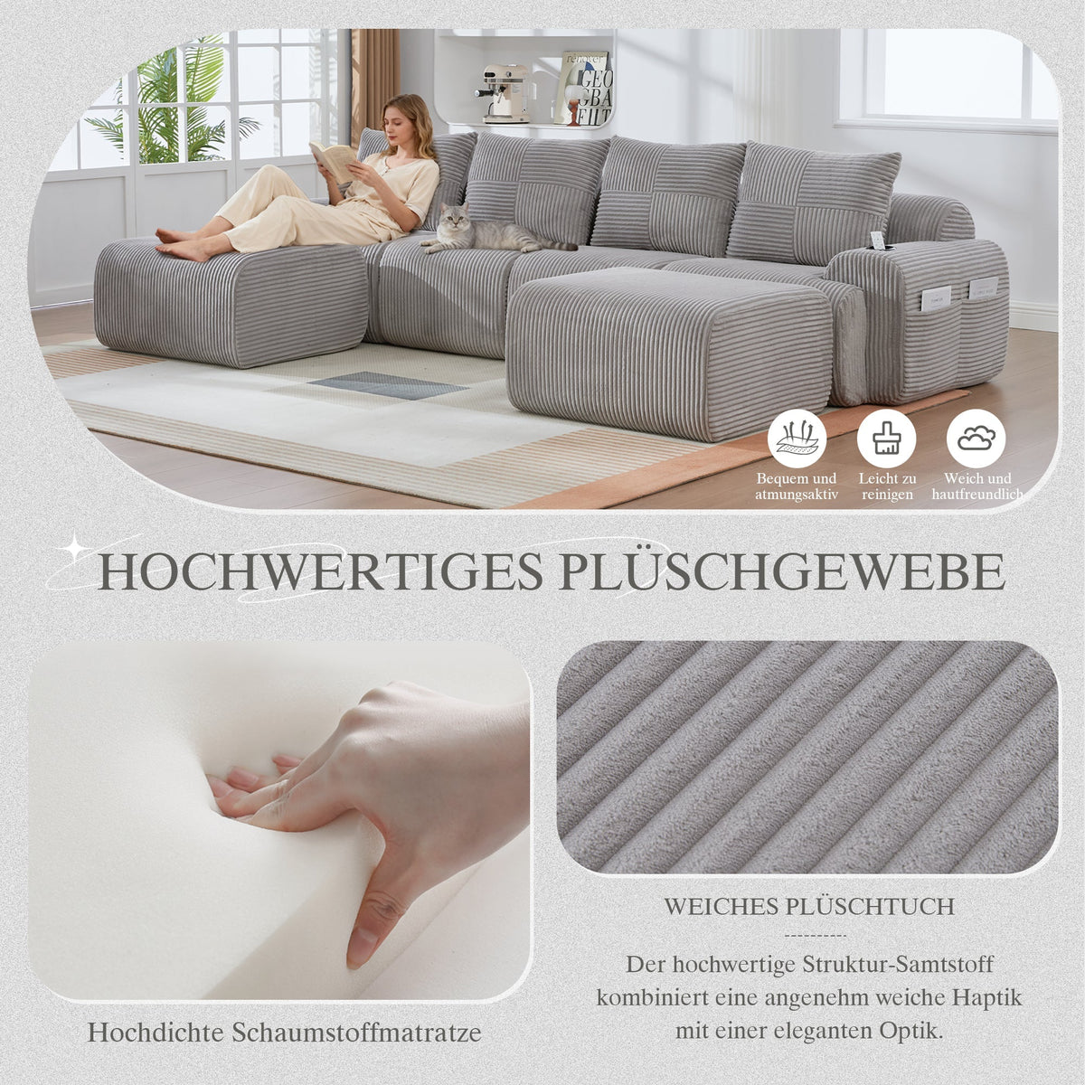 Modular Sofa - 4 Seater 2 Ottomans Cup Holders Storage Corduroy - Light Grey