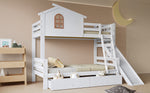 Bunk Bed with Slide & Drawers, Solid Wood Frame, White