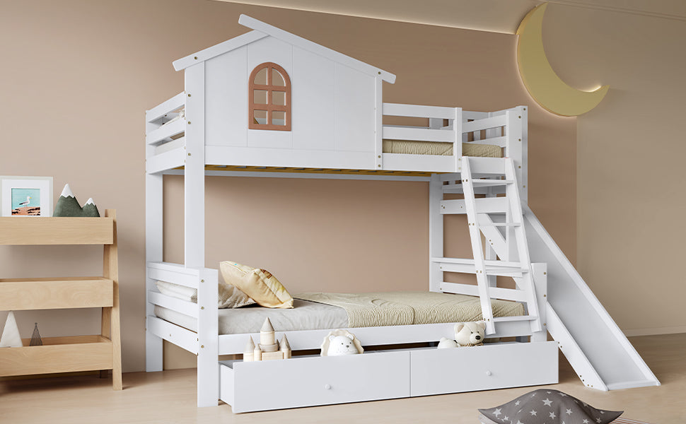 Bunk Bed with Slide & Drawers, Solid Wood Frame, White
