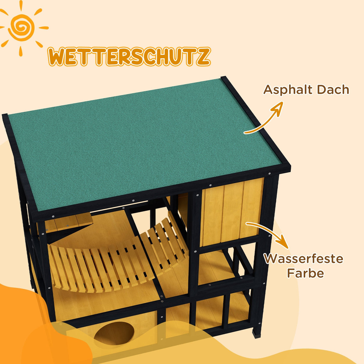 Cat House with Hanging Bridge & Balcony, Waterproof, Yellow Wood