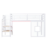 Loft Bed 90x200cm with Stairs, Storage & LED Light, White Metal
