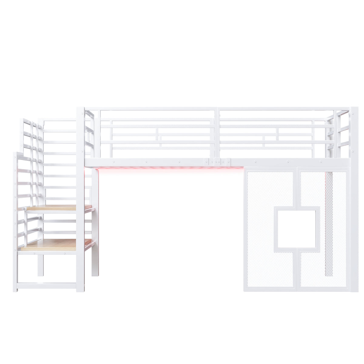 Loft Bed 90x200cm with Stairs, Storage & LED Light, White Metal