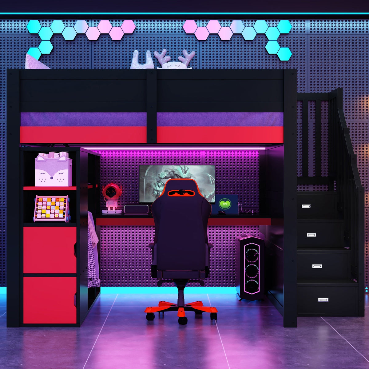 Gaming Wooden Loft Bed with Desk, Multi-Tier Storage, LED Lighting, USB Port and Staircase, Black and Red