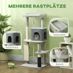 Cat Tree 132cm, Scratching Posts, Bed, House, Platforms, Grooming Brush, Light Grey