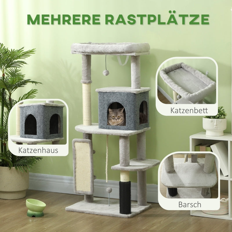 Cat Tree 132cm, Scratching Posts, Bed, House, Platforms, Grooming Brush, Light Grey