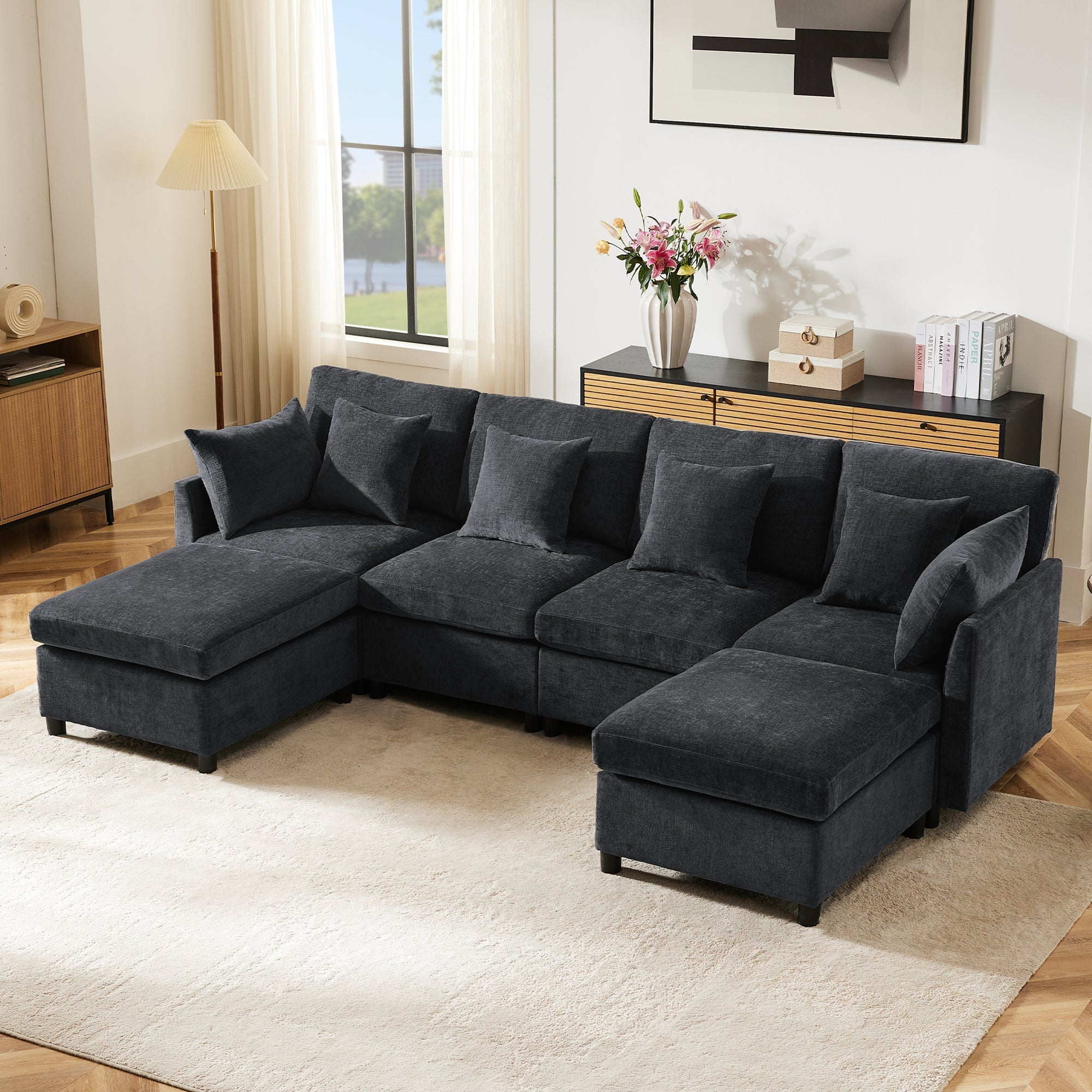 Modern Modular Chenille Sofa L-Shaped U-Shaped Detachable Footstool, Chenille Fabric