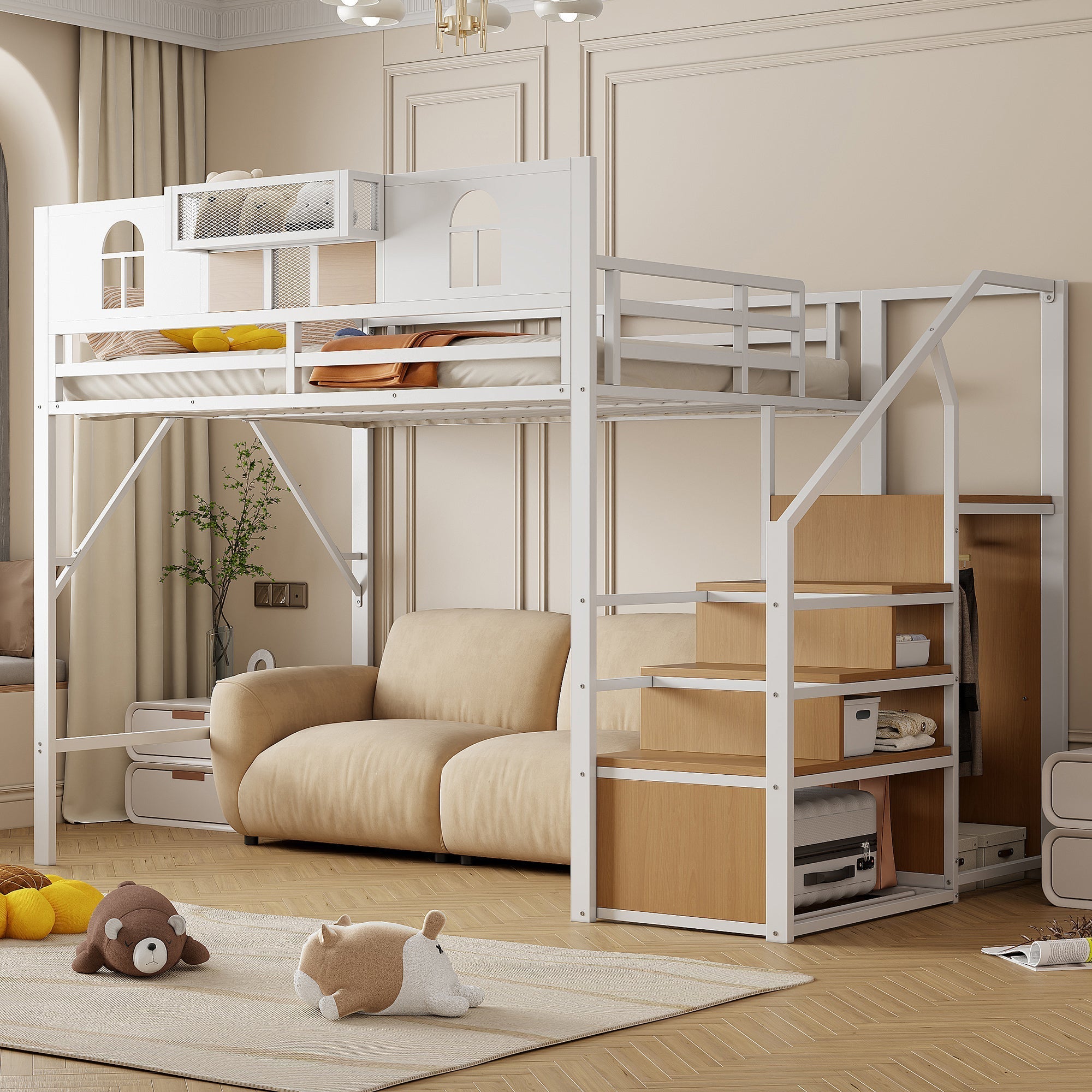 Metal Loft Bed 140x200cm with Storage Ladder & Desk, White Metal Frame