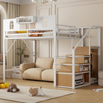 Metal Loft Bed 140x200cm with Storage Ladder & Desk, White Metal Frame