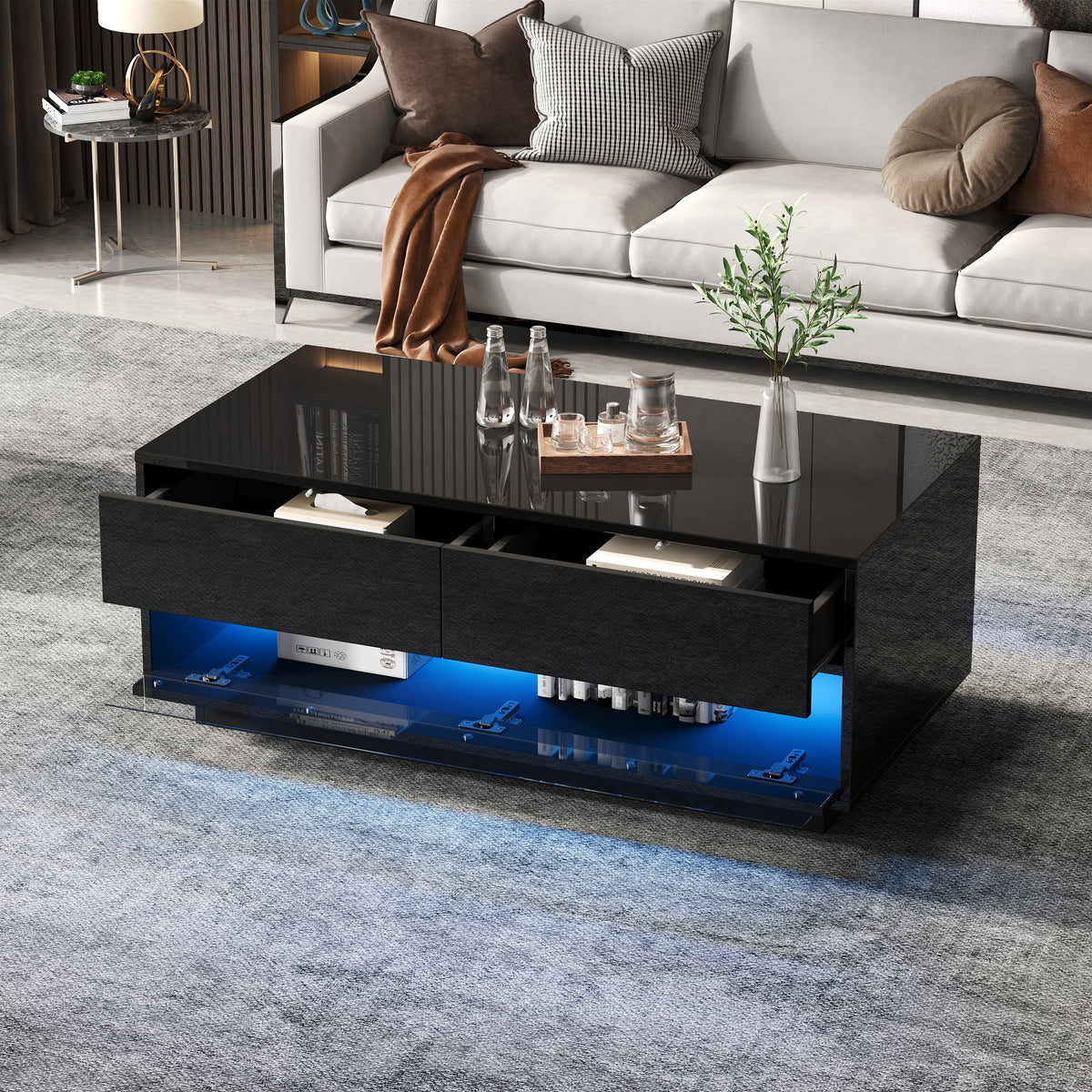 Coffee Table with 2 Drawers, Bluetooth LED Light Bar, Tempered Glass, Black