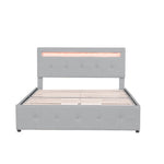Linen Upholstered Bed with LED Headboard & Storage Drawers, Grey