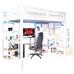 Loft Bed with Desk, Storage Ladder, LED Lights and USB Port, White Metal and MDF